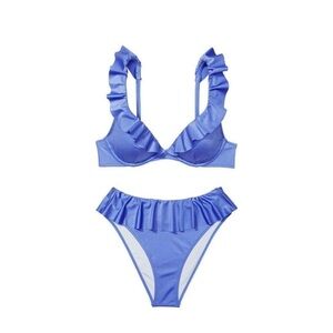 Victorias Secret Blue Ruffle Plunge Highwaist Bikini Swimsuit Set sz 34C & Large